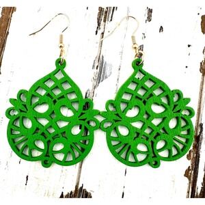 Emerald Green Stained Laser Cut Wood Garden Trellis Tear Drop Earrings